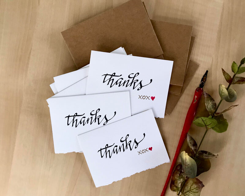 THANKS -hand lettered  stationery in modern calligraphy; 10 notecards and kraft envelopes