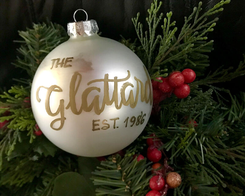 Personalized Christmas Glass Ornament in hand lettered calligraphy