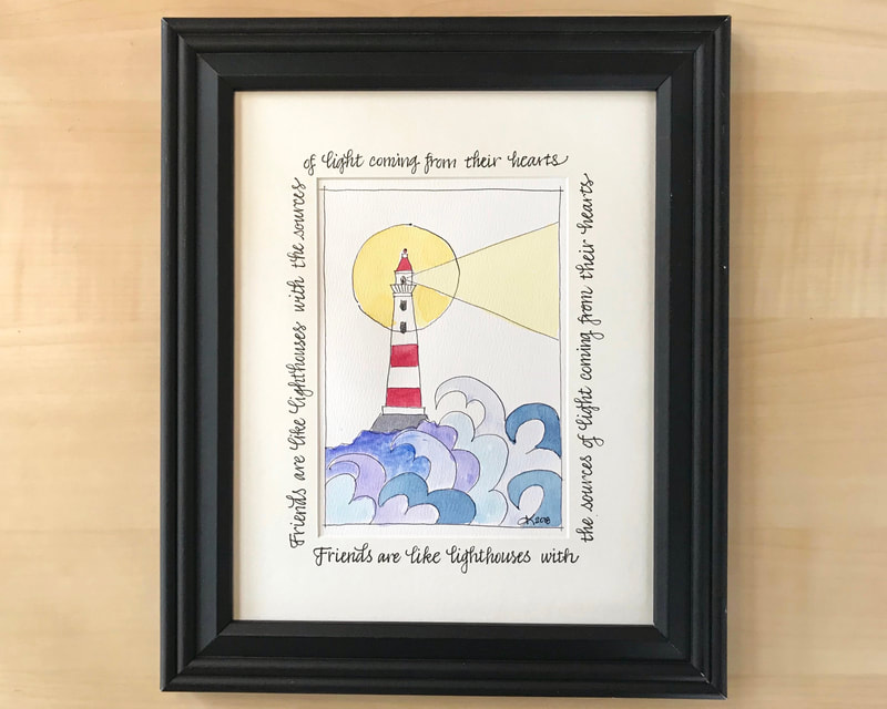 Hand painted watercolor lighthouse artwork with hand lettered calligraphy quote, custom frame 10x12