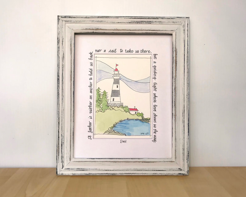 Hand painted watercolor lighthouse artwork with hand lettered calligraphy quote, custom frame 10x12