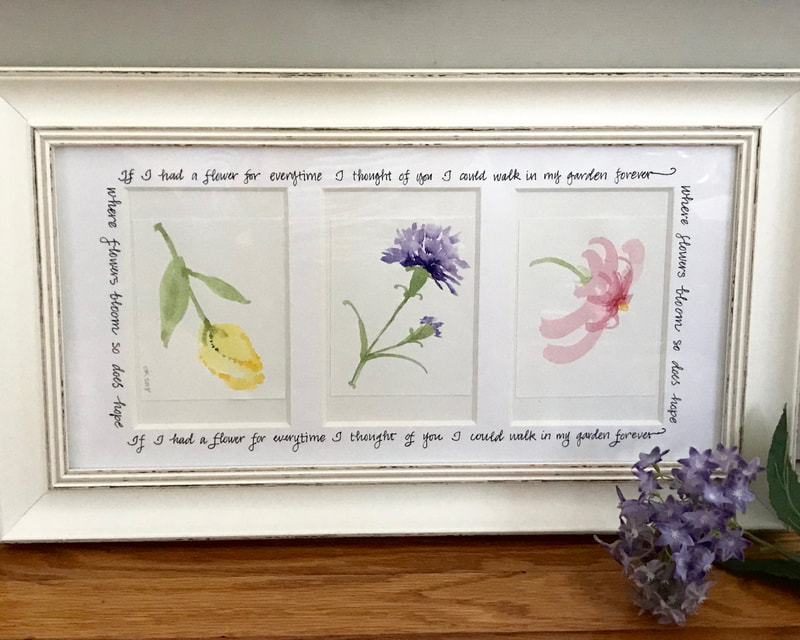 Hand painted watercolor floral wall art with custom quote and frame 18"x 12"