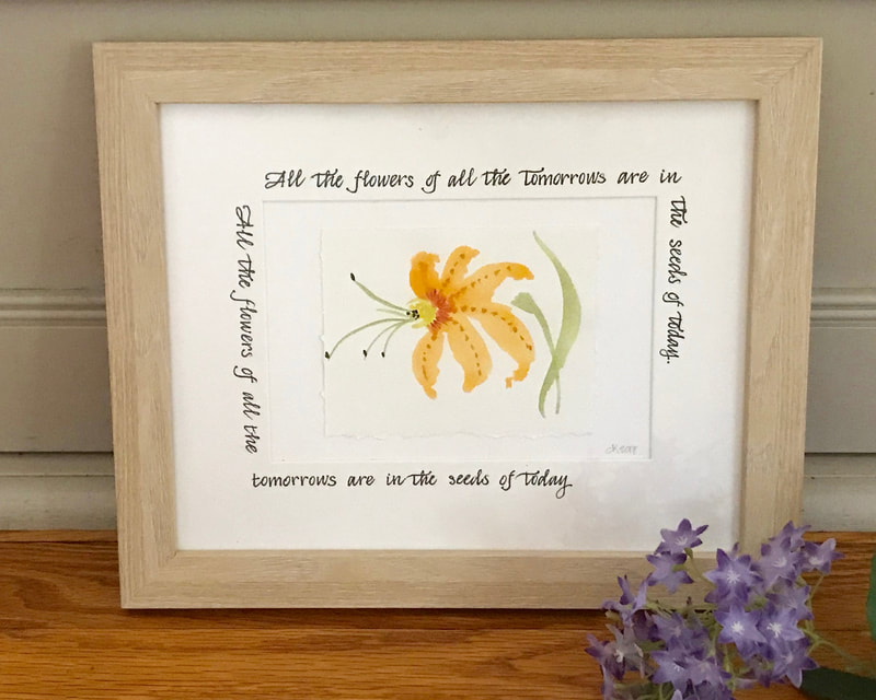 Hand painted watercolor floral artwork with hand lettered calligraphy quote, custom frame 10x12