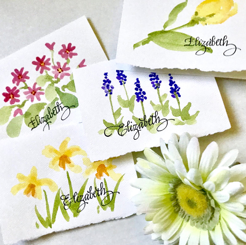 Hand Painted Watercolor Flower Cards  with Personalized Hand Lettered Calligraphy, Set of 4 Notecards