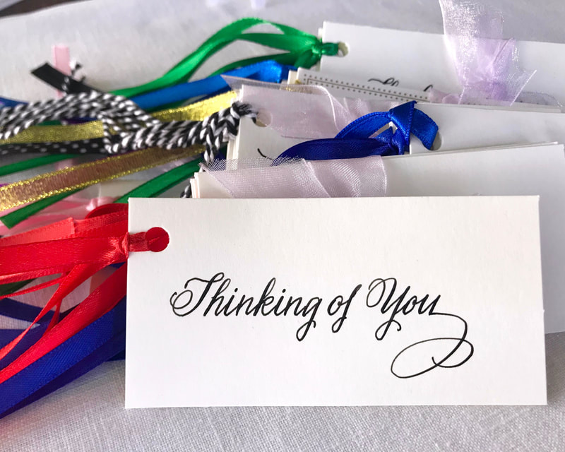 THINKING OF YOU - hand lettered calligraphy gift tags with ribbon