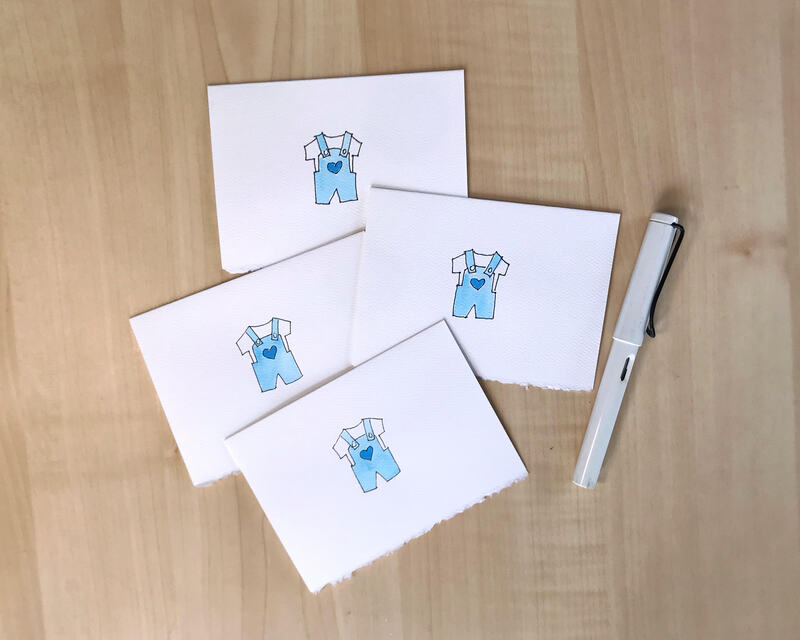 BLUE Toddler Boy's  Overalls hand painted in watercolor on 4 Notecards, Stationery for Toddler Boy, Personalized in Hand Lettered Calligraphy