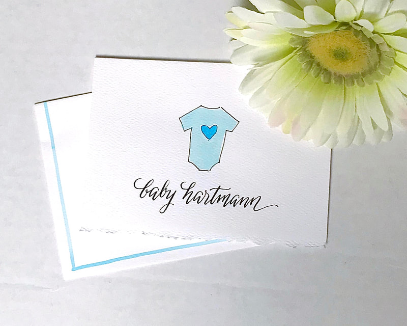 BLUE BABY BOY ONESIE hand painted in watercolors on 4  Notecards, Stationery for Baby Boy, Personalized in Hand Lettered Calligraphy