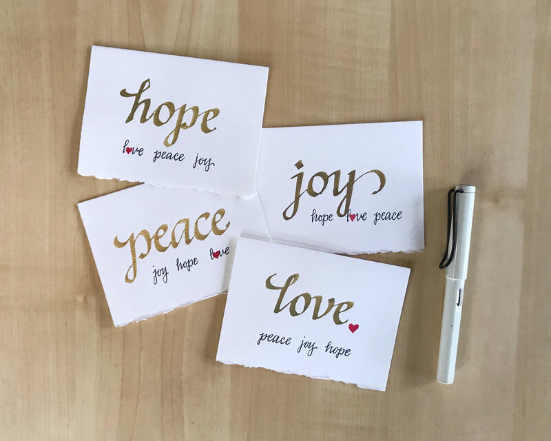 HOPE JOY LOVE PEACE - 4 Inspirational Hand Lettered Calligraphy Notecards in Gold Ink