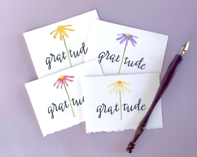 GRATITUDE - 4 Hand Lettered Calligraphy Notecards with Watercolor Flowers